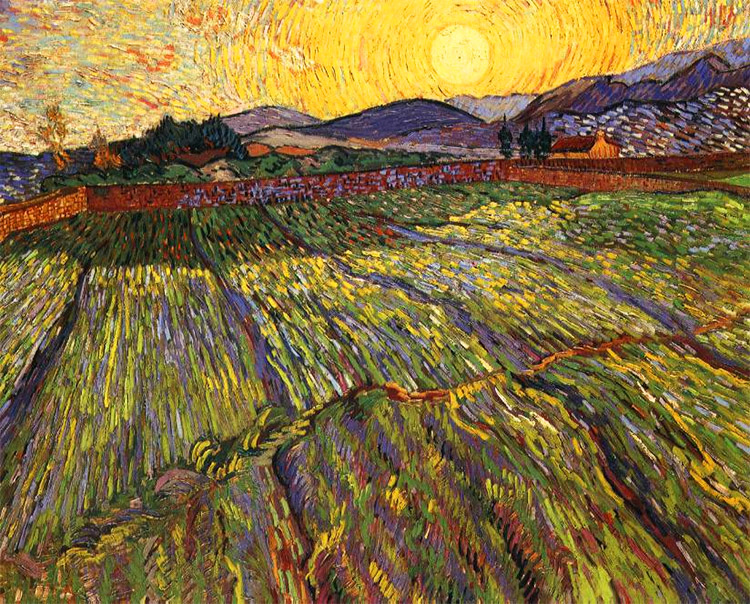 Pohled z Goghova okna na pole a cypřiše